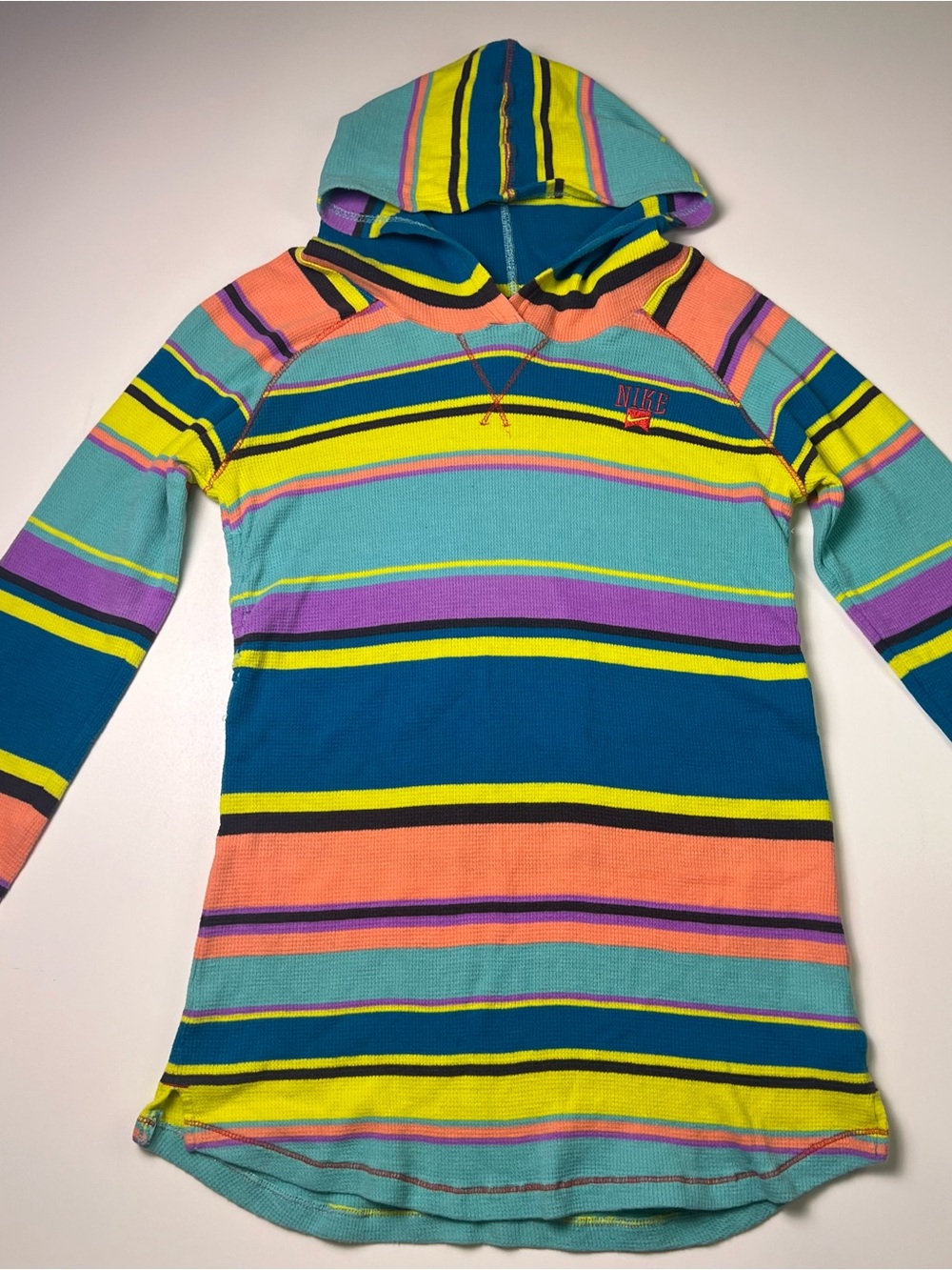 VTG Nike Y2K Neon Striped Waffle Knit Thermal Hoodie Pullover Girls L Women XS/S
